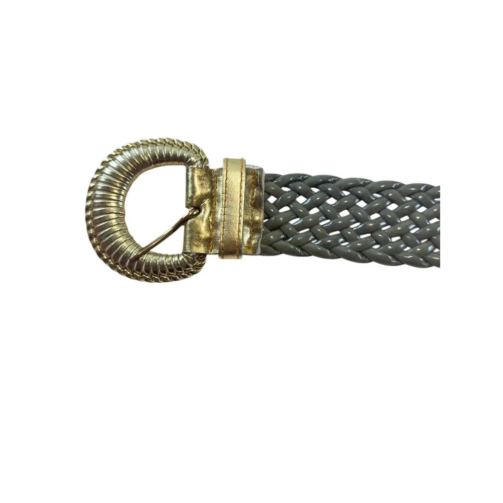 Olive Green Glossy Braided Belt Gold Buckle Wide‎ Stretch Resort Chic Boho 38IN